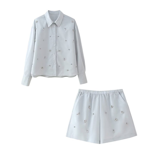 Autumn Arrival Women Artificial Jewelry Decoration Shirt Shorts Set