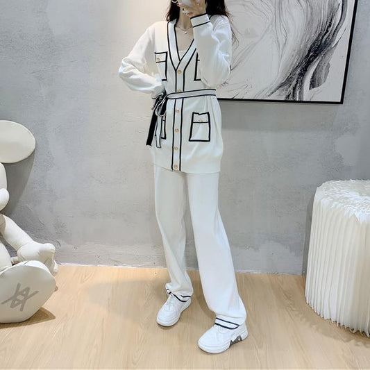 Classic Autumn Winter Knitting Cardigan Wide Leg Pants Suit Women Autumn Two Piece Suit