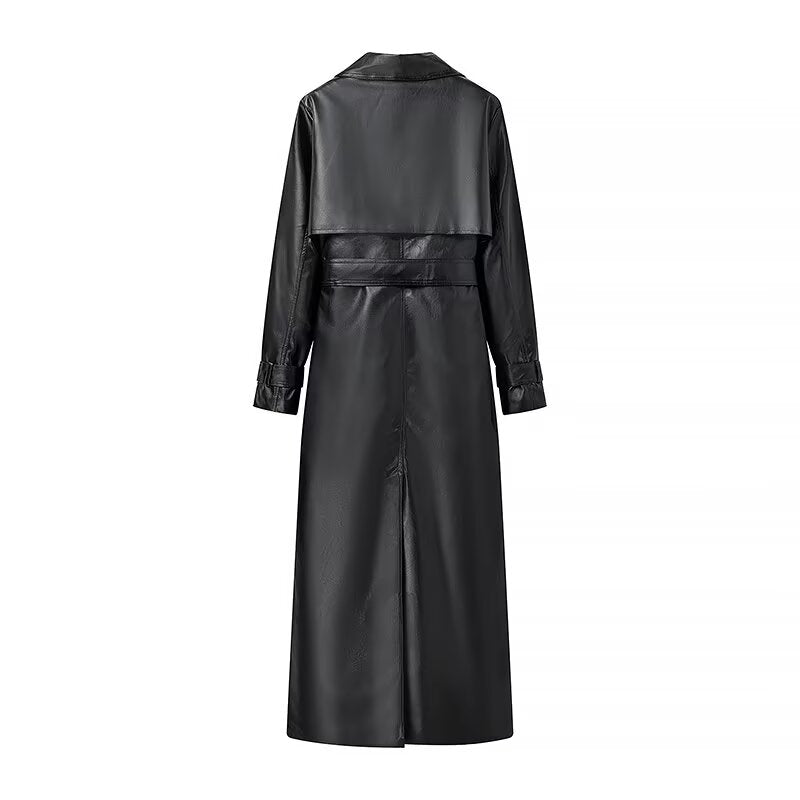 Women Clothing French Faux Leather Faux Leather Black Tie Loose Long Trench Coat