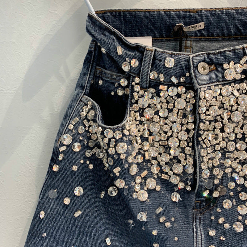 Beaded and diamond front split denim skirt