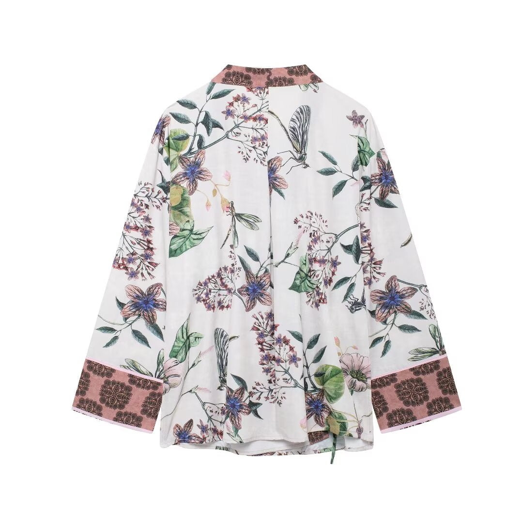 Fall Women Clothing Fashionable Printed Kimono Shirt Casual Trousers