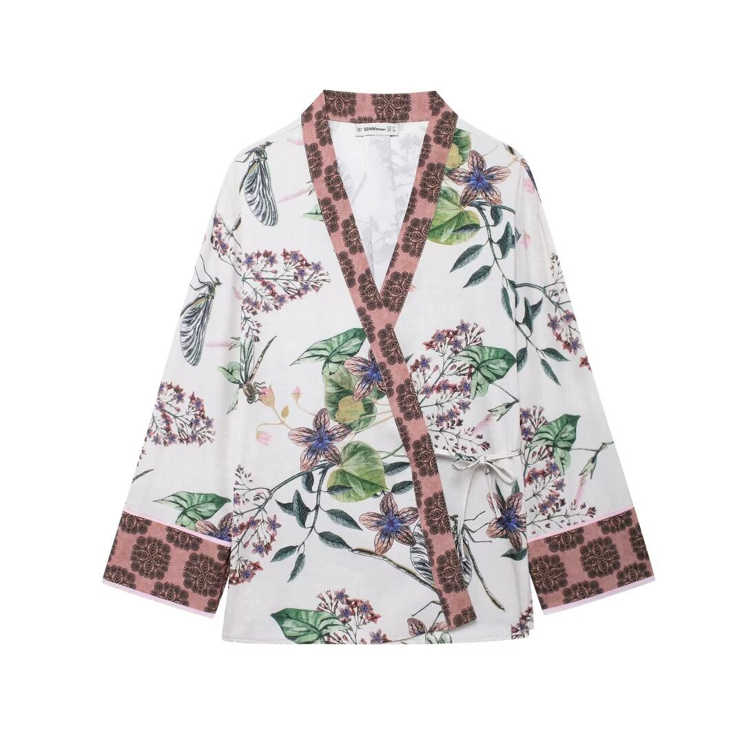 Fall Women Clothing Fashionable Printed Kimono Shirt Casual Trousers