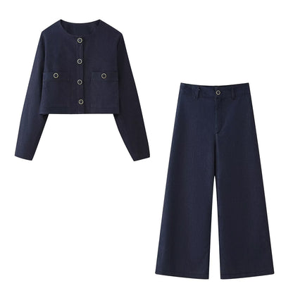 Women Autumn Decorated Row Button Short Jacket High Waist Wide Leg Pants Sets