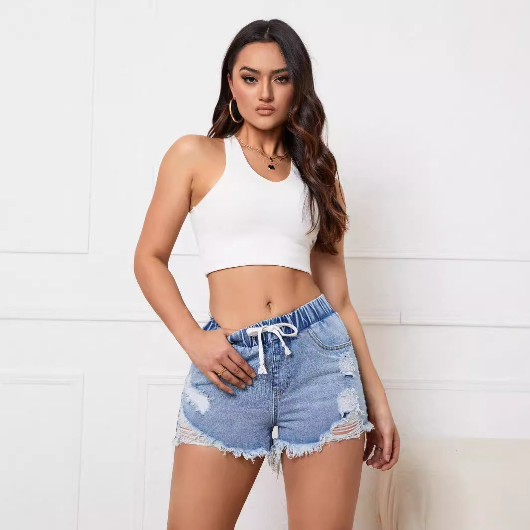 Women Clothing Elastic Waist Slimming Fashionable Denim Shorts