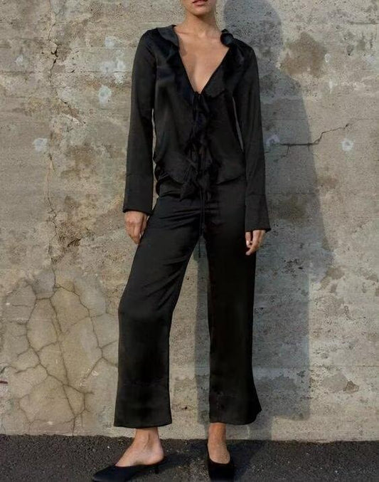 Autumn Women Clothing Double Breasted Vertical Blazer Straight Leg Pants Suit