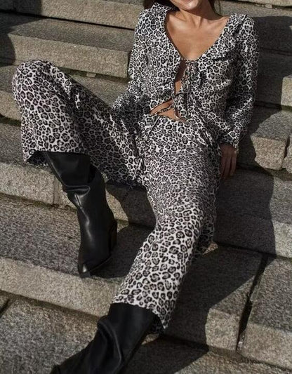 Autumn Women Clothing Animal Print Slim Fit Long Sleeve Trousers Suit