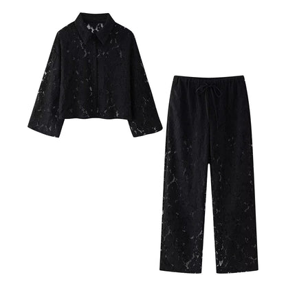 Fall Women Clothing Fashionable Lace Short Shirt Casual Pants Sets