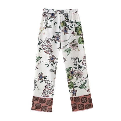 Ropa de mujer Otoño Cuello en V Estampado Kimono Camisa asimétrica Pantalones rectos Conjuntos