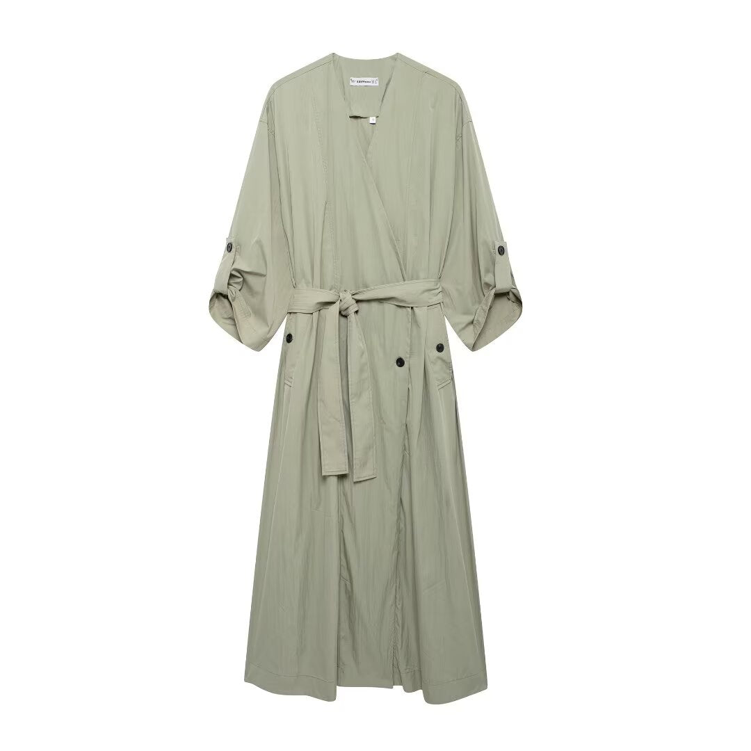 Women Long Chic V Neck Waist Lace Up Trench Coat