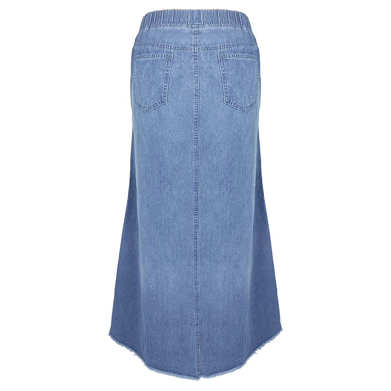 Women pring Summer Denim A Skirt Binding Tape Brushed Elastic High Waist Simple All Match Long Skirt