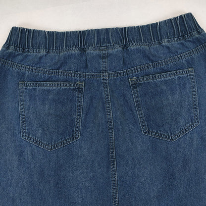 Women pring Summer Denim A Skirt Binding Tape Brushed Elastic High Waist Simple All Match Long Skirt