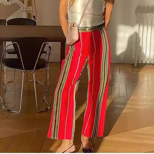 Women Clothing Autumn Winter Positioning Printing Stripes Straight Leg Pants