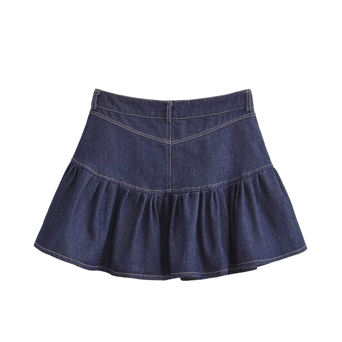 Women Clothing All Match Denim Mid Waist Wide Hem Splicing Skirt