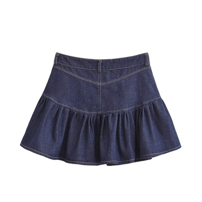 Women Clothing All Match Denim Mid Waist Wide Hem Splicing Skirt