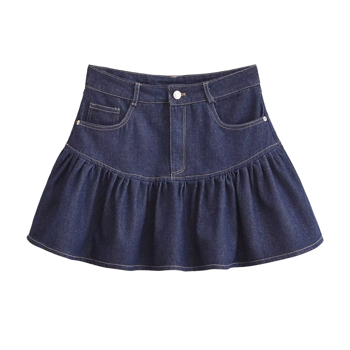 Women Clothing All Match Denim Mid Waist Wide Hem Splicing Skirt