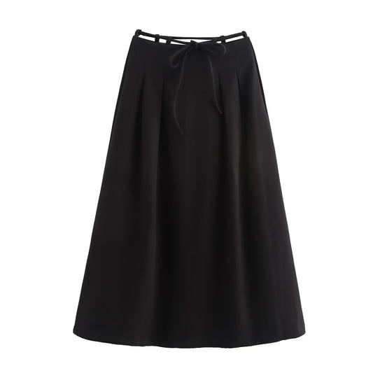 Fall Women Clothing Herringbone Round Belt Big Hem Skirt Maxi