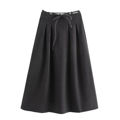 Fall Women Clothing Herringbone Round Belt Big Hem Skirt Maxi