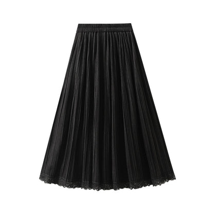 Autumn Winter Korean Loose High Waist Elastic Band Stitching Lace Slimming Velvet Skirt