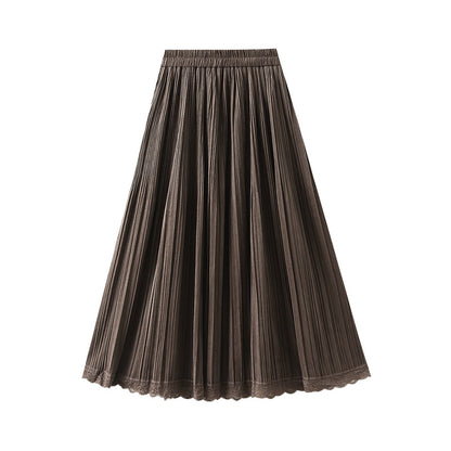 Autumn Winter Korean Loose High Waist Elastic Band Stitching Lace Slimming Velvet Skirt