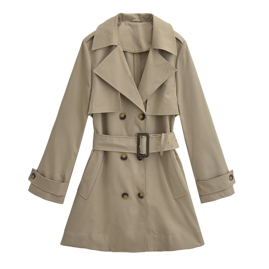 Autumn Winter Women Mid Length Shoulder Width Loose Matching Belt Mid-Length Double Breasted Trench Coat