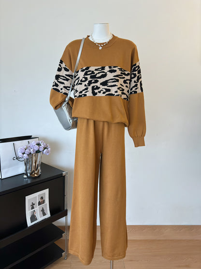 Women Autumn And Winter Wear Round Neck Head Leopard Print Two Piece Set