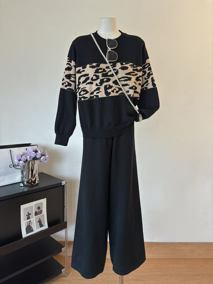 Women Autumn And Winter Wear Round Neck Head Leopard Print Two Piece Set