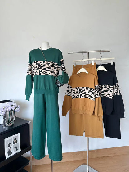 Women Autumn And Winter Wear Round Neck Head Leopard Print Two Piece Set