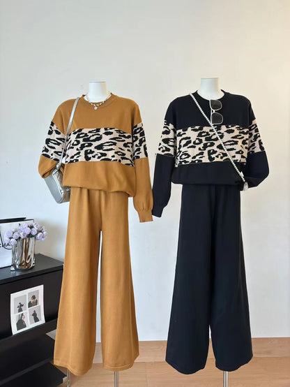 Women Autumn And Winter Wear Round Neck Head Leopard Print Two Piece Set