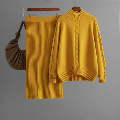 Winter Sweater Women Loose Knitted Half High Collar Long Sleeves Thread Skirt Set Women