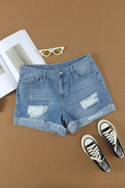 Distressed Ripped Rolled Hem Blue Denim Shorts