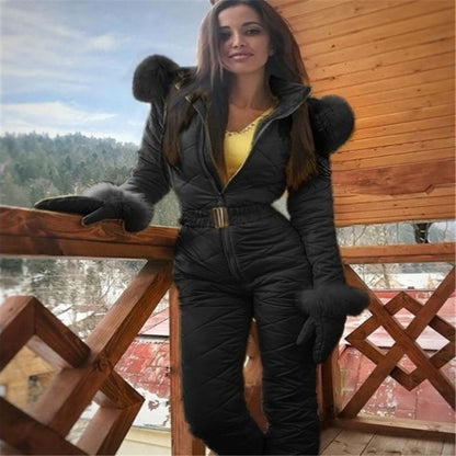 Invierno moda para actividades al aire libre traje de esquí abrigo con capucha deportes al aire libre mono cremallera traje de esquí femenino