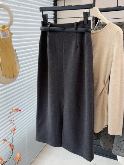 Brushed Gray Woolen Skirt Women Autumn Winter High Waist Slimming Sheath Split Mid Length Straight Skirt