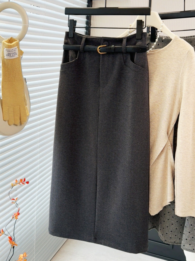 Brushed Gray Woolen Skirt Women Autumn Winter High Waist Slimming Sheath Split Mid Length Straight Skirt