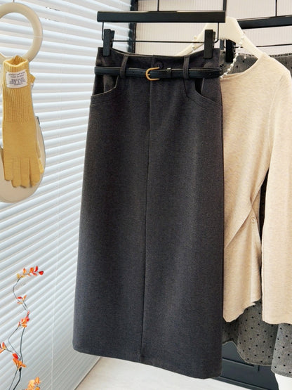 Brushed Gray Woolen Skirt Women Autumn Winter High Waist Slimming Sheath Split Mid Length Straight Skirt