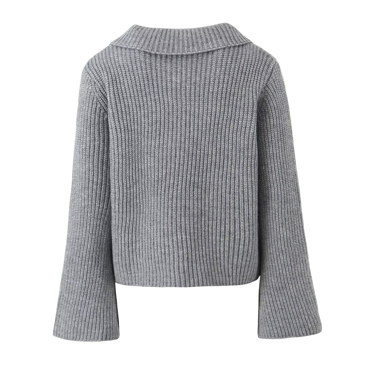 Autumn Winter Fashionable Stylish Dark Gray Collared Bell Sleeve Knitted Cardigan Skirt Sets Women