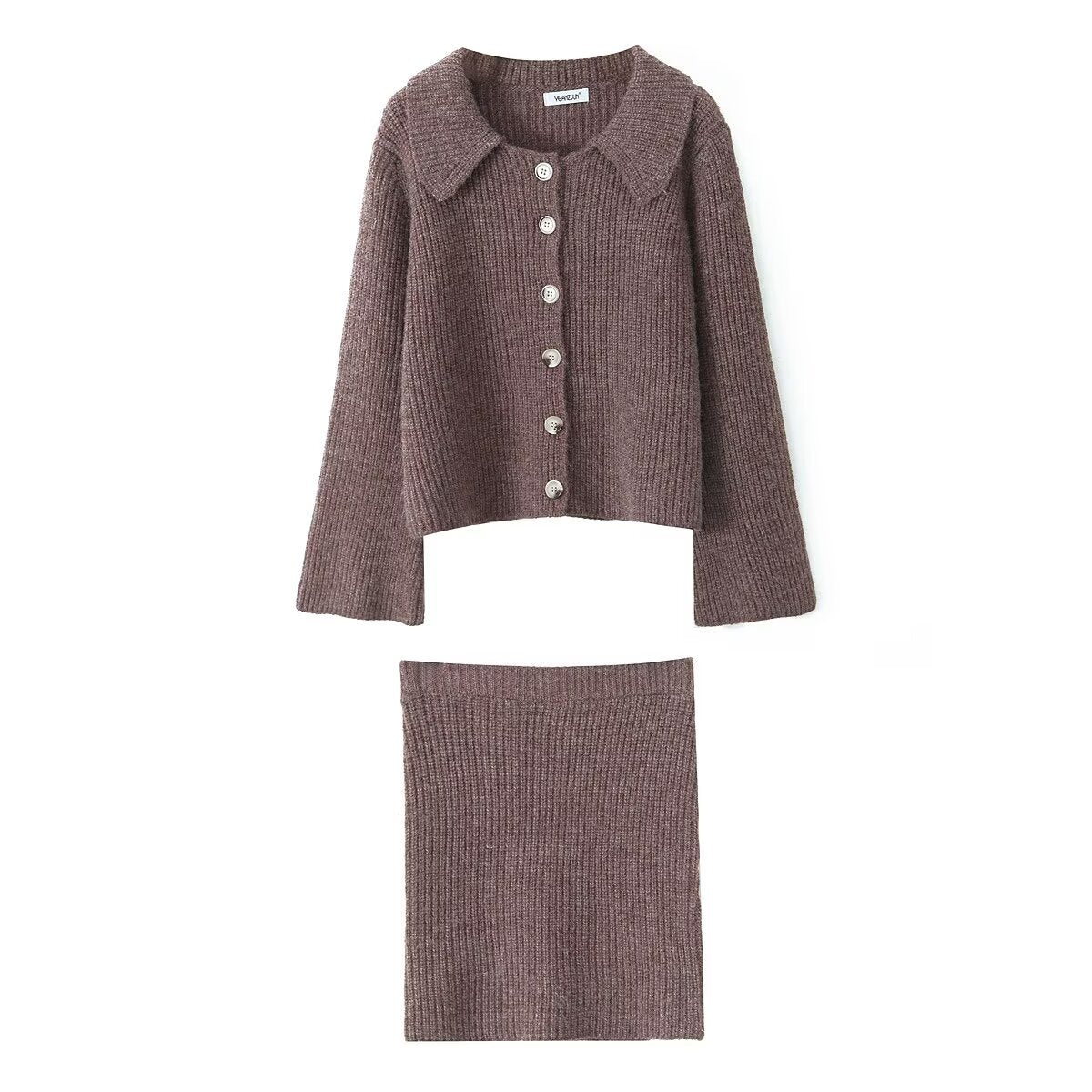 Autumn Winter Fashionable Stylish Dark Gray Collared Bell Sleeve Knitted Cardigan Skirt Sets Women