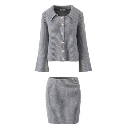 Autumn Winter Fashionable Stylish Dark Gray Collared Bell Sleeve Knitted Cardigan Skirt Sets Women