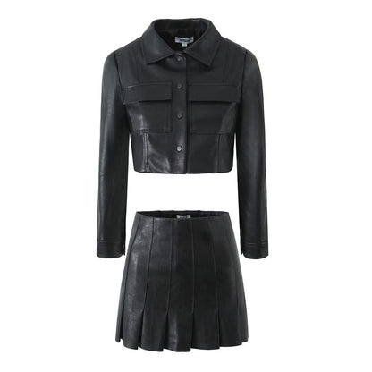 Women Clothing Locomotive Cropped Leather Coat Pleated Leather Skirt Two Piece Set