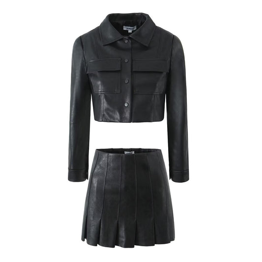 Women Clothing Locomotive Cropped Leather Coat Pleated Leather Skirt Two Piece Set