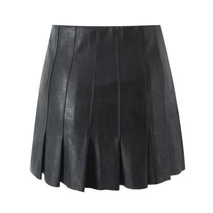 Women Clothing Locomotive Cropped Leather Coat Pleated Leather Skirt Two Piece Set