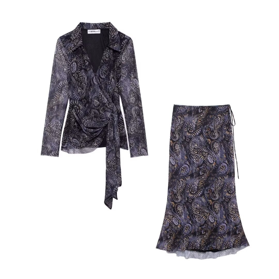 Autumn Style Women Fashion Temperament Printed Silk Mesh Shirt Half Skirt Set