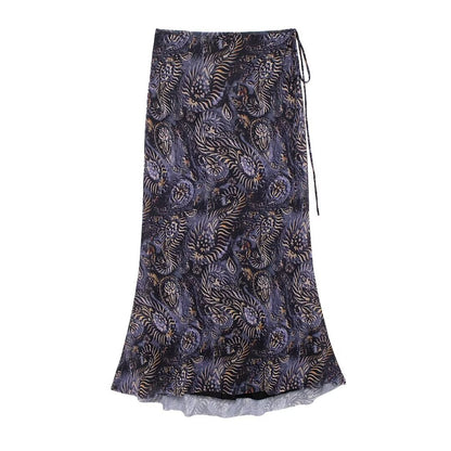 Autumn Style Women Fashion Temperament Printed Silk Mesh Shirt Half Skirt Set