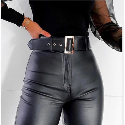 Pantalon en faux cuir serré avec ceinture décontractée et à la mode