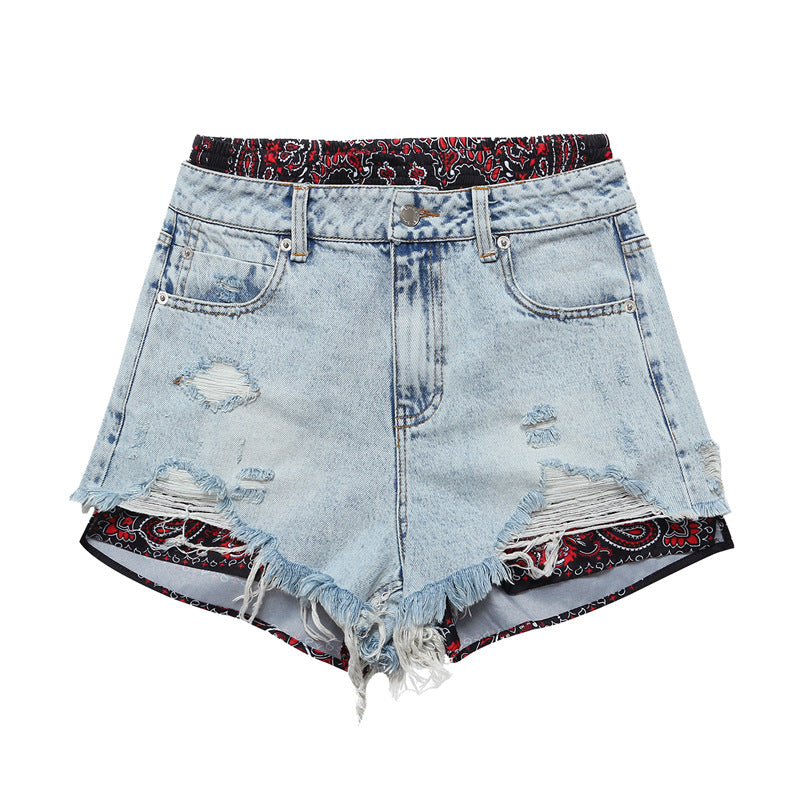 Coutures florales Denim décontracté Faux deux pièces short en jean pantalon femmes