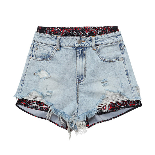 Coutures florales Denim décontracté Faux deux pièces short en jean pantalon femmes