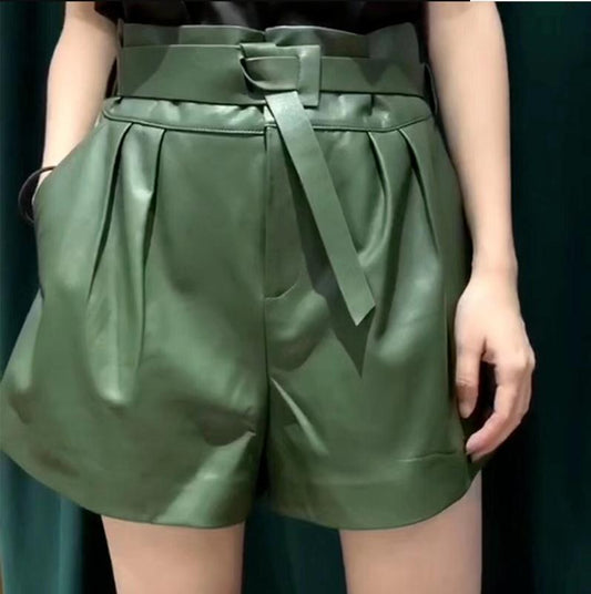 Pantalones cortos de cuero genuino Harajuku para mujer