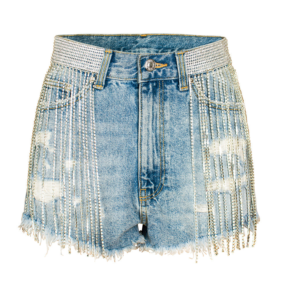 Summer Nightclub Tassel Wide Leg High Waist Heavy Industry Tide Drill Chain Denim Shorts for Women