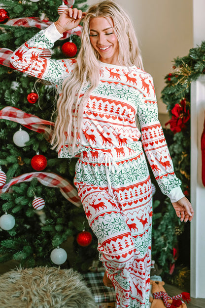 Conjunto de salón de pantalón y jersey con estampado navideño blanco