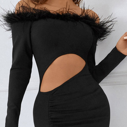 Women's Long Sleeve One-Line Neck Dress Bandage Premium Feather