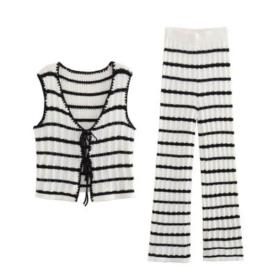 Casual Suit Knitted Lace-up Cardigan Vest Top Casual Trousers Two Pieces Suit Women's Clothing